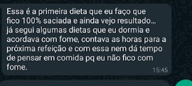 Mensagem de paciente dizendo que é a primeira dieta em que fica 100% saciada e já vê resultado