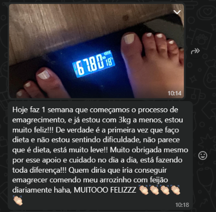 Mensagem de paciente comemorando 3kg a menos em uma semana de acompanhamento