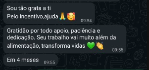 Mensagem de paciente agradecendo o apoio, a paciência e a dedicação durante quatro meses