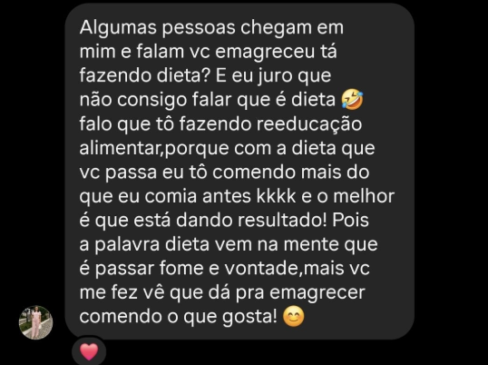 Mensagem de paciente contando que emagreceu comendo o que gosta